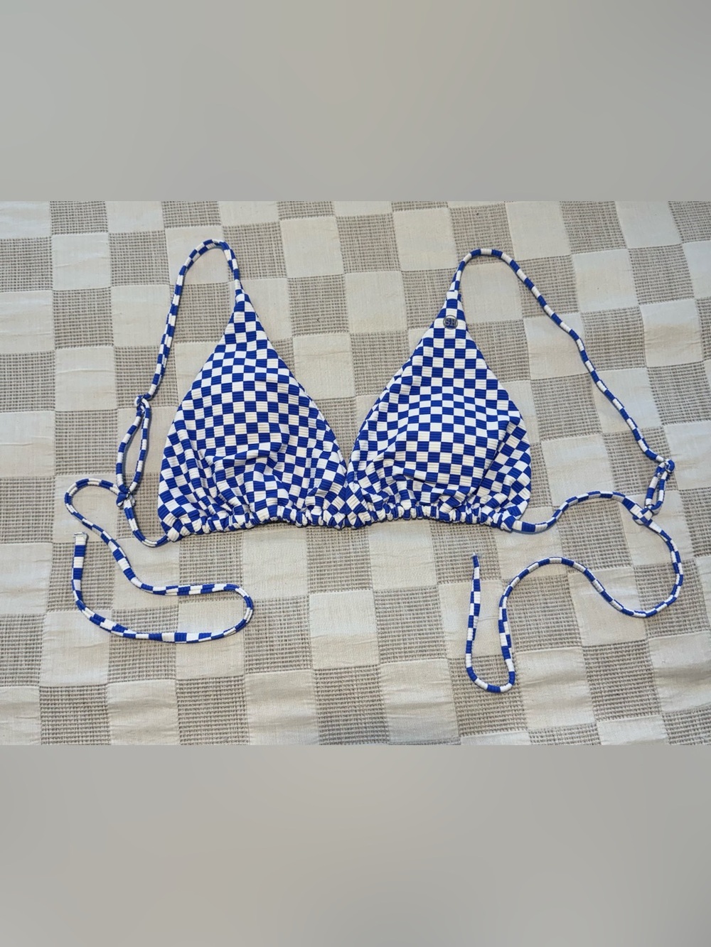 Salty Honey Blue & White Check Bali Triangle Bikini Top
